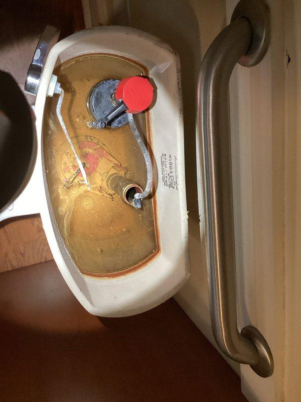 Responded to a toilet leak in a century-old home affecting one bathroom fixture. Upon inspection, removed tank lid and identified deteriorated flush valve components and discolored water indicating internal corrosion and mineral buildup. Documented existing flush mechanism with red float assembly, fill valve system, and brass flush valve showing signs of age-related wear, which was determined to be the source of the leak.