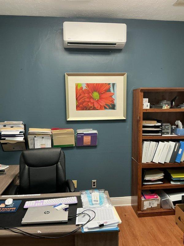 Completed installation of Fujitsu 3-head ductless mini-split system for interior office spaces. Mounted indoor air handler units on walls in multiple office areas, routed refrigerant lines and condensate drainage, and installed outdoor condensing unit. All units tested and operational upon completion.