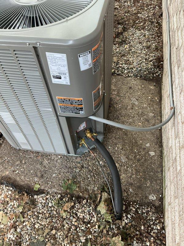 Completed full HVAC system installation including ML196UH090 furnace (S#1725C18782), ML13KC1-042 condenser unit, CK40CT-36C coil, and associated components pulled from inventory. Extended gas line to ceiling using black pipe with elbow fitting, cut back existing OmegaFlex, and reconnected. System commissioned with refrigerant charge verified, all connections tested and confirmed operational.