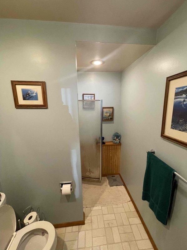 Conducted on-site assessment for shower installation project in downstairs bathroom. Evaluated existing bathroom layout featuring basket-weave tile flooring, mint green walls, and standard toilet fixture to determine optimal placement for new shower unit with surround. Documented current bathroom dimensions and configuration in narrow residential layout. Inspected basement ceiling area below bathroom to assess existing plumbing infrastructure, including white PVC drain lines, black waste pipes, and P-trap assembly. Identified accessible joists and framing for potential shower drain connection and water supply routing. Photographed exposed plumbing system and structural framing to develop accurate material list and labor estimate for complete shower installation with surround panels.