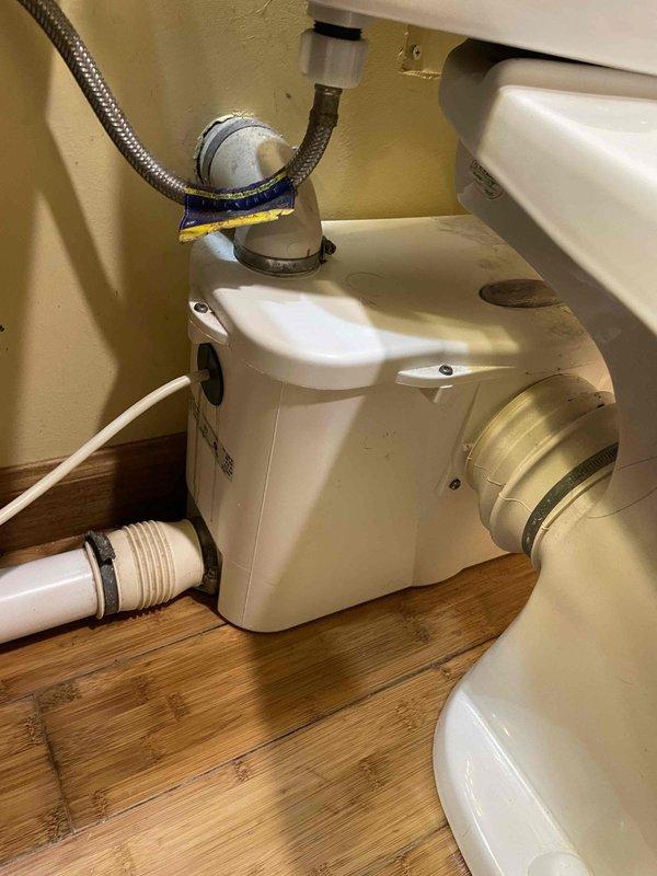 Responded to service call for failed sewage ejector pump serving basement bathroom with complete system failure and sewage backup. Upon arrival, confirmed macerator pump unit was non-operational with no power cycling or mechanical function. Inspected ASCO toilet fixture and associated white plastic macerator pump assembly installed on bamboo flooring. Evaluated all plumbing connections including braided stainless steel water supply line, white PVC drainage pipes, and black discharge hose with clamps. Verified electrical supply was intact with no tripped breakers. Diagnosed complete pump motor failure requiring replacement. Photographed existing installation showing pump configuration, piping layout, and toilet fixture for documentation and replacement specifications.