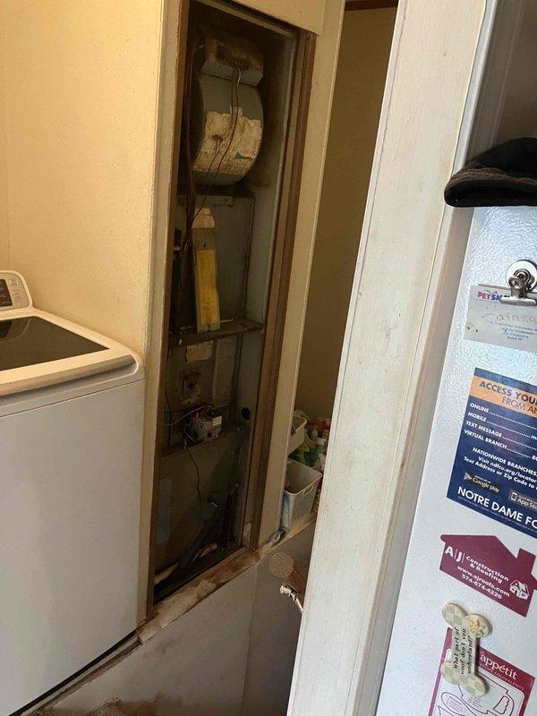 Conducted comprehensive estimate for complete HVAC system replacement at residential property where existing air conditioning and furnace system was non-operational. Evaluated current equipment configuration located in utility room adjacent to laundry area, including assessment of existing ductwork, mechanical closet accessibility, and installation requirements. Documented equipment location and existing infrastructure through photographic documentation to develop replacement specifications. Discussed system options with homeowner including furnace and air conditioning replacement requirements, and reviewed potential financing options for complete system installation.