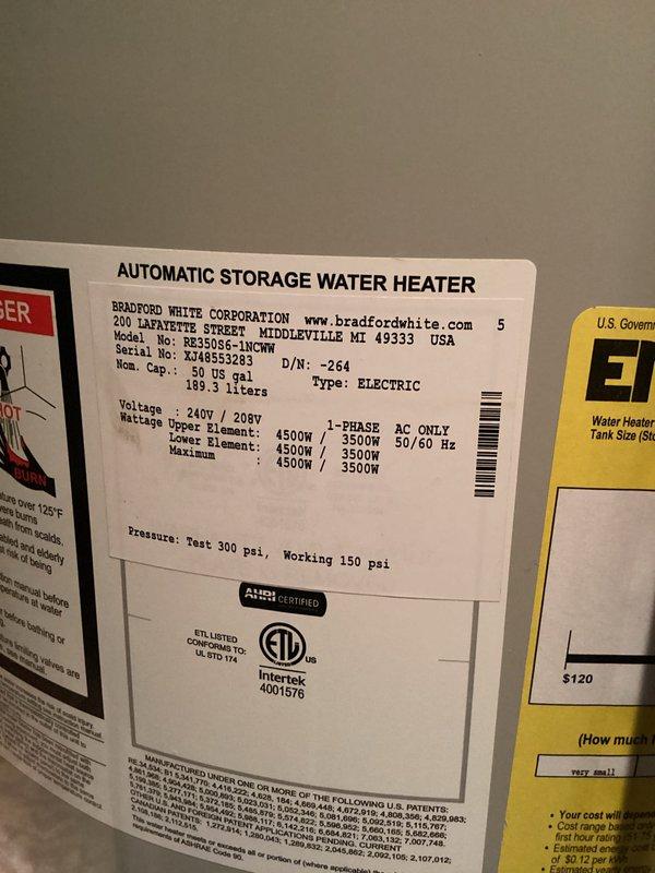 Responded to no hot water complaint on a 2022 Bradford White 50-gallon electric water heater, model RE350S6-1NCWM. Used multimeter to test electrical supply and confirmed 226 volts present at unit. Diagnosed failed heating element preventing water from reaching proper temperature. Replaced defective heating element and restored hot water operation to customer satisfaction.