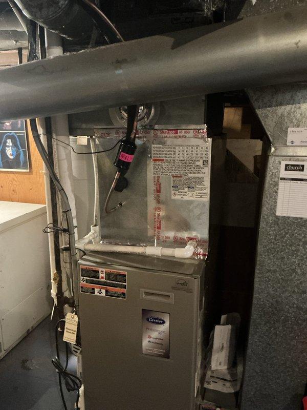 Completed installation of ML13KC1-024 outdoor condensing unit with matching ADP evaporator coil for cooling-only system. Retrieved coil from Mid-City supply in Elkhart and installed unit to work with existing Carrier furnace system. Connected refrigerant lines using proper brazing techniques, evacuated system to manufacturer specifications, and charged unit with appropriate refrigerant. Verified proper airflow through evaporator coil and ductwork connections. Tested system operation using calibrated digital manifold gauges, confirming temperature split, superheat, and subcooling readings within acceptable parameters. Reused existing thermostat and wiring. System operational and performing to specifications upon completion.
