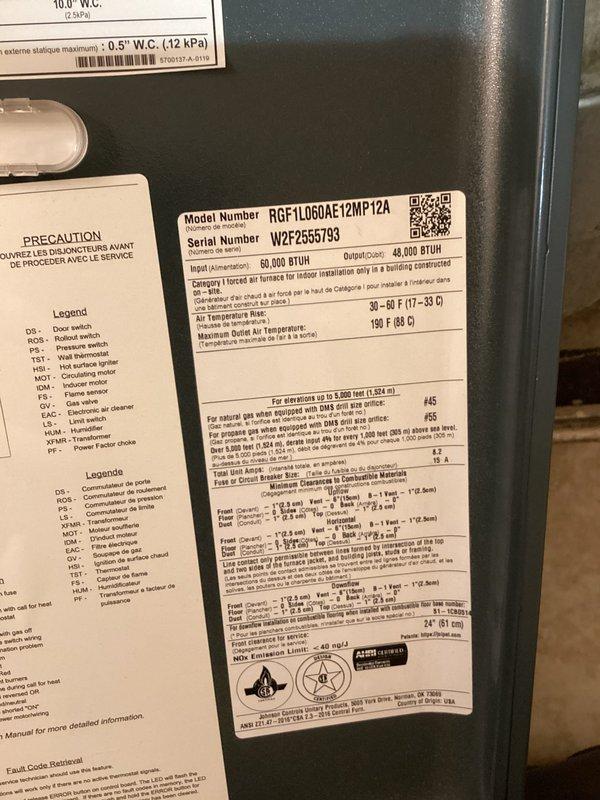 Completed scheduled heating maintenance on Rheem furnace model RGF1L060AE12MP12A as part of HVAC membership plan. Performed comprehensive system inspection including visual examination of internal components, electrical connections, blower motor assembly, and control board; verified proper operation of all safety switches including door switch, rollout switch, and vent thermostat; confirmed unit specifications of 60,000 BTUH input and 48,000 BTUH output with temperature rise range of 30-60°F within manufacturer parameters.