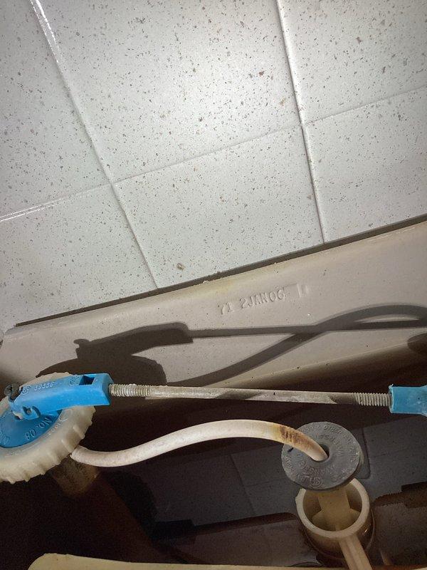 Responded to second level bathroom for reported toilet leak at base. Upon inspection, identified water seepage from bottom of toilet fixture. Removed tank lid and assessed internal components, noting significant rust discoloration in water supply, mineral deposits throughout tank interior, and deteriorated hardware consistent with hard water conditions. Diagnosed leak originating from compromised wax ring seal at toilet base due to age and mineral buildup affecting proper seating.