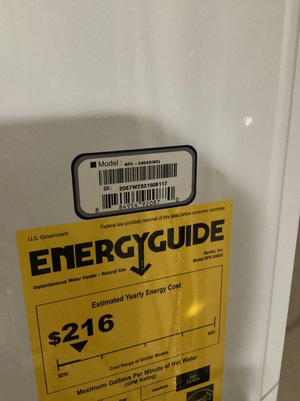 Performed annual maintenance service on Navien NPE-A40A2N tankless water heater unit. Completed full system flush to remove mineral buildup and scale deposits from heat exchanger, descaled unit using appropriate cleaning solution, and verified proper operation of all components including gas line connections, water supply lines, shut-off valves, and digital control panel. Inspected associated plumbing connections, copper piping, flexible water lines, brass fittings, and adjacent water treatment system for any signs of leaks or deterioration.