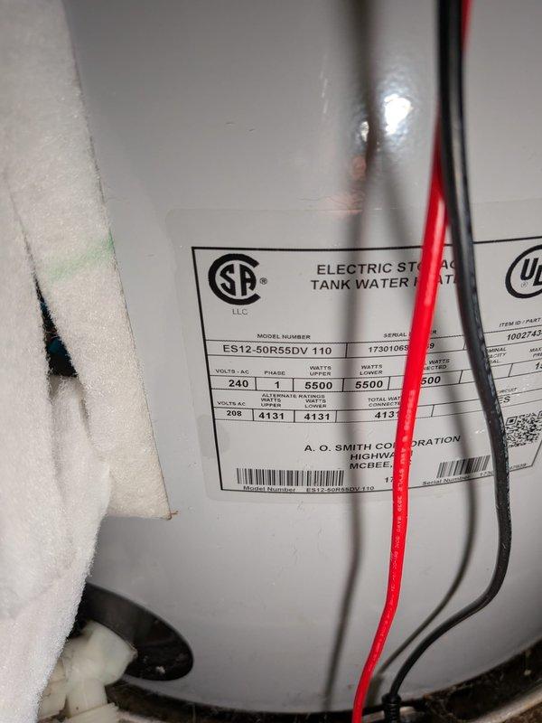Responded to no hot water complaint at residential property. Upon arrival, performed diagnostic evaluation of A.O. Smith electric storage tank water heater, model ES12-50R560V 110, rated at 240 volts, single phase, 5500 watts. Unit is approximately 9 years old with parts-only warranty coverage remaining.

Conducted visual inspection of water heater installation in utility area. Confirmed no visible leaks, corrosion, or water pooling at base of tank. Verified proper connections of copper supply and discharge piping, pressure relief valve operation, and electrical connections. Inspected condition of heating elements and thermostat controls. Documented current installation configuration including associated plumbing connections, water softener system, and electrical panel proximity.

Photographed unit specifications, installation setup, and surrounding mechanical systems for service records. Verified all safety devices and components were accessible and properly installed per manufacturer