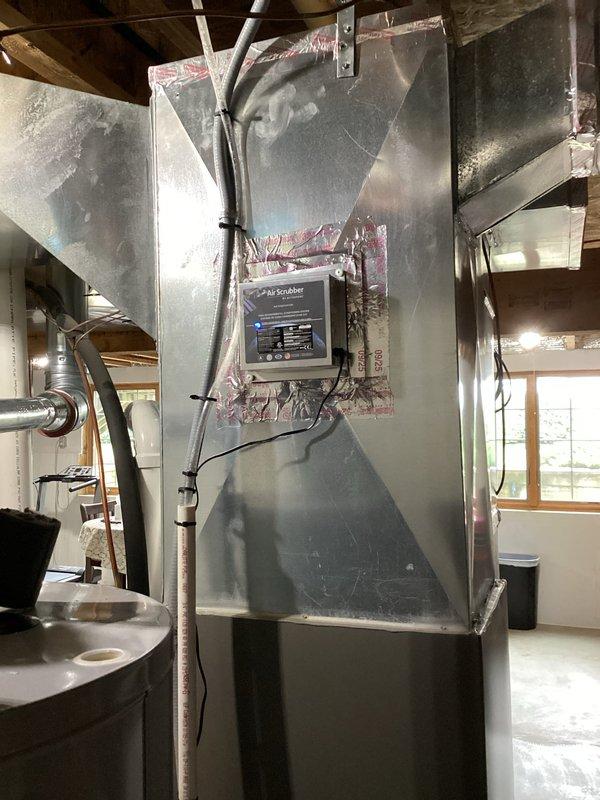 Installed Carrier humidifier unit on furnace system and integrated Air Scrubber air purification device into main supply ductwork per approved quote. Both units were mounted, wired to electrical system, connected to water supply line for humidifier operation, and programmed for optimal performance. System tested and verified operational, with customer payment collected upon completion.