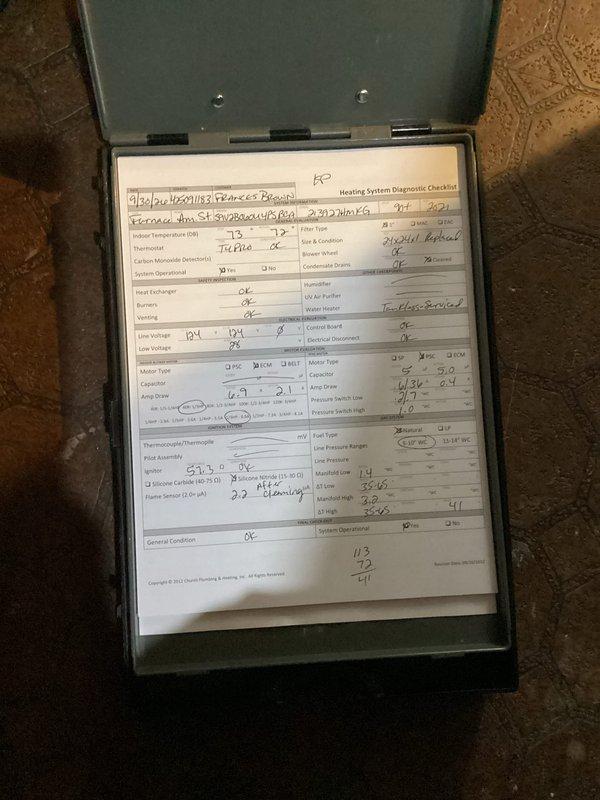 Completed planned single maintenance on furnace system and performed tankless water heater flush. Conducted comprehensive heating system diagnostics including temperature differential readings, voltage measurements, and overall system performance evaluation. All diagnostic checklist items were documented and verified for proper operation. Flushed tankless water heater unit to remove mineral buildup and ensure optimal efficiency. Inspected all plumbing connections, PEX tubing, valves, and fittings associated with the water heating system. Customer provided their own filters for the HVAC system. Both systems are operating within normal parameters and ready for continued service.