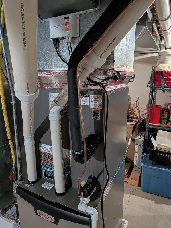Installed REME HALO-LED air purification system in return duct of Lennox furnace and mounted customer-provided REME UV coil lights for enhanced indoor air quality. All components properly wired to electrical system with control box, tested for proper operation, and photographic documentation completed.