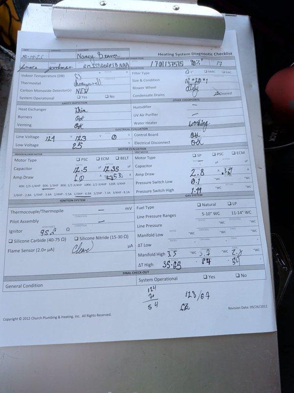 Performed annual planned maintenance on a 10-year-old heating system, completing a full diagnostic checklist covering safety inspection, electrical and motor evaluation, ignition and gas system checks. Recorded line and low-voltage readings, capacitor and amp draw, pressure switch operation, manifold gas pressure, and temperature rise, and confirmed all components operating within specification with clear venting and a new component installed where noted. Inspected the water heater per the customer's request, and the customer maintains their own filters.