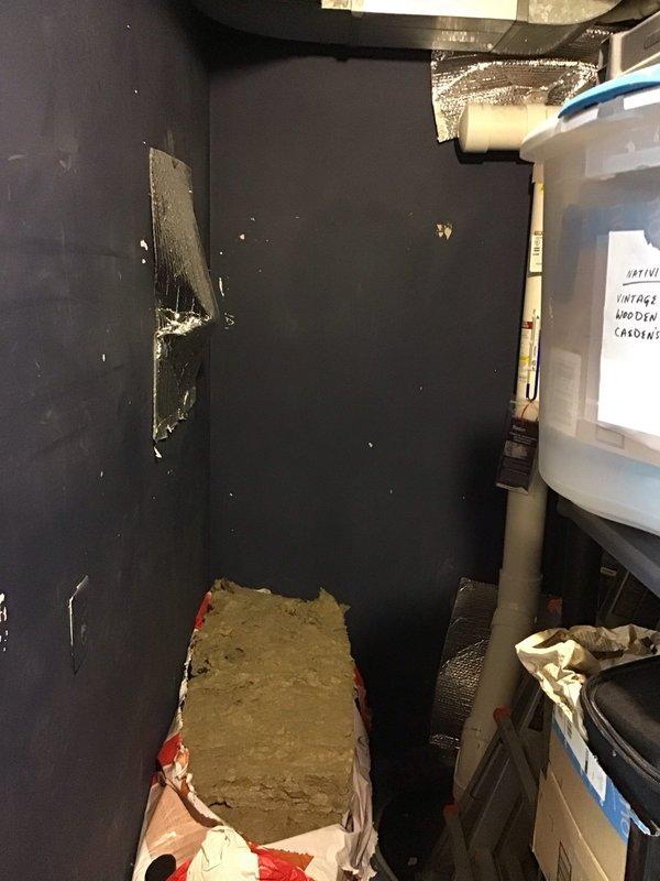 Conducted an on-site evaluation for an HRV (heat recovery ventilator) system installation and assessed the proposed mechanical space, a narrow utility closet with existing foil-faced insulation, mineral wool batting, PVC piping, ductwork, and an electrical outlet nearby. Documented existing conditions, including loose and damaged foil insulation and limited clearance from stored items, to determine equipment placement, ducting routes, and condensate drainage requirements for the proposed installation.