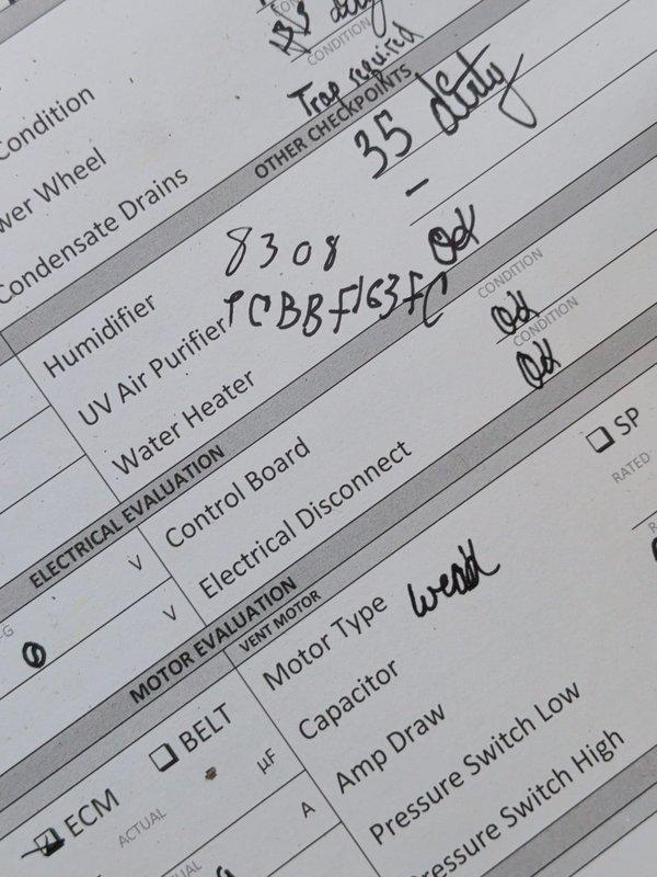 Performed diagnostic evaluation on a 3-year-old gas furnace reported to be producing reduced heat, inspecting the electrical and motor systems, control board, electrical disconnect, condensate drain, blower wheel, and accessory components. The ECM blower motor was found to be weak and the condensate drain requires a trap installation, while all other checkpoints were documented as okay. Findings were recorded for follow-up repair recommendations.