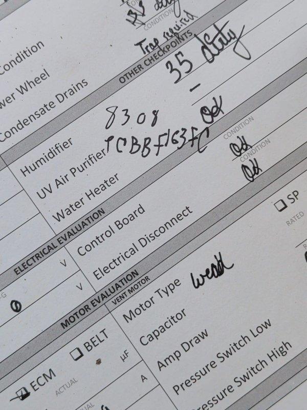 Performed diagnostic evaluation on a 3-year-old gas furnace reported to be producing reduced heat, inspecting the electrical and motor systems, control board, electrical disconnect, condensate drain, blower wheel, and accessory components. The ECM blower motor was found to be weak and the condensate drain requires a trap installation, while all other checkpoints were documented as okay. Findings were recorded for follow-up repair recommendations.