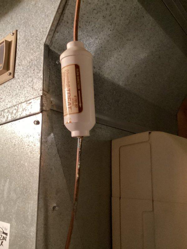 Performed planned maintenance on the furnace as part of the USA Diamond service plan, including inspection of the system and replacement of the 210 filter. Serviced the #35 humidifier, verifying the water treatment cartridge and supply line connections, and confirmed the copper line, grounding clamp, and surrounding ductwork showed no signs of leaks, corrosion, or damage.