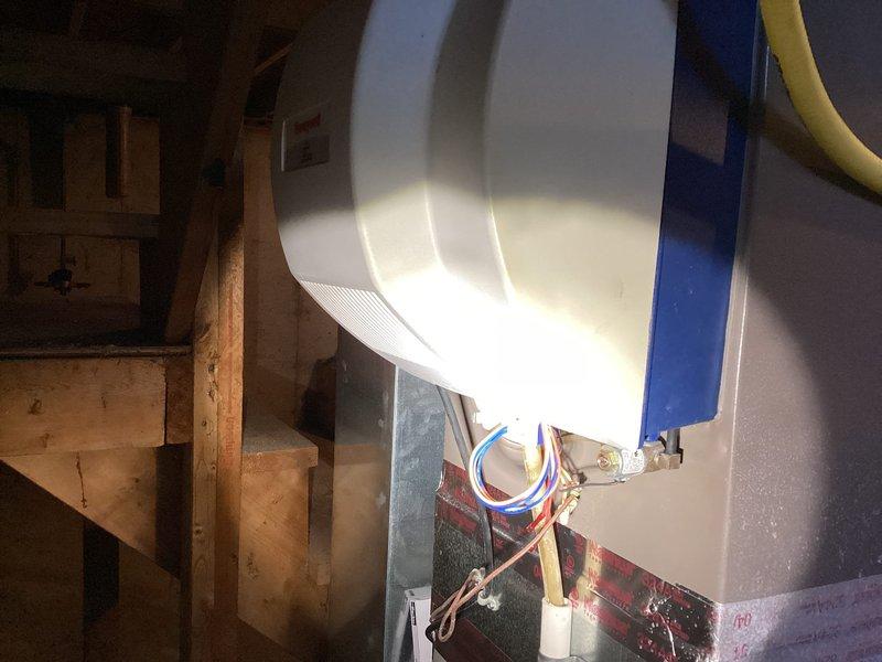Replaced the internal hose of the Honeywell whole-house bypass humidifier mounted on the supply plenum. Verified the unit, humidistat control, and associated water supply connections were intact, with no visible damage, leaks, or corrosion on the surrounding ductwork.