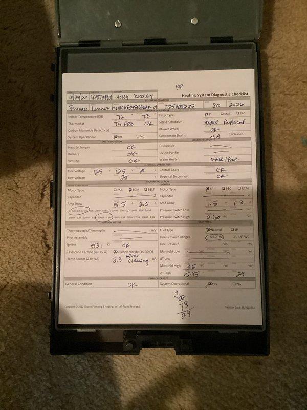 Completed a first-visit planned maintenance on a 1-year-old furnace, performing a full heating system diagnostic that covered safety inspection and electrical, motor, ignition, and gas system evaluations. Measured voltage, motor amp draws, flame sensor signal, igniter resistance, gas pressure, and temperature rise, with all readings within acceptable operating ranges and the system found operating properly. Noted heavy rust, corrosion, and debris buildup on the adjacent boiler piping and valve assembly, which may warrant further evaluation.