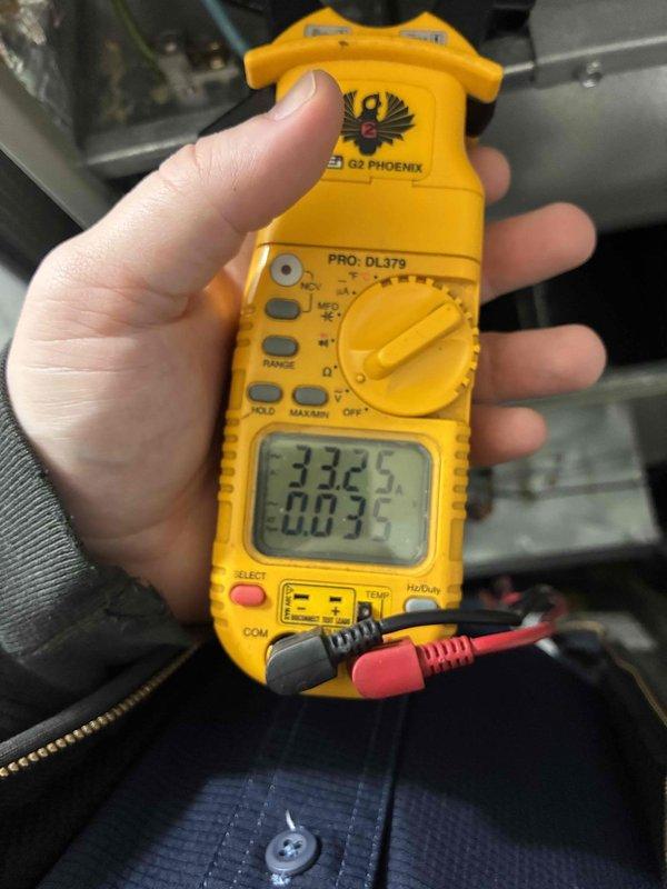 Performed scheduled monthly heating maintenance service. Conducted electrical diagnostics with G2 Phoenix multimeter showing 33.25A/0.035V readings. Temperature verification completed using UEi meter with system operating at 359.5°F, confirming proper heating function within specifications.