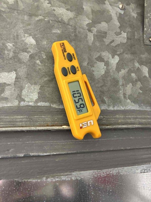 Performed scheduled monthly heating maintenance service. Conducted electrical diagnostics with G2 Phoenix multimeter showing 33.25A/0.035V readings. Temperature verification completed using UEi meter with system operating at 359.5°F, confirming proper heating function within specifications.