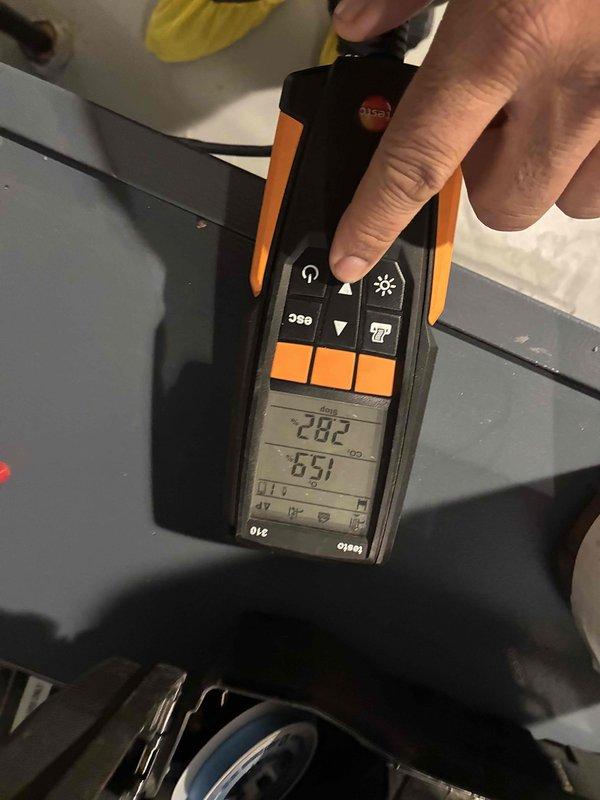 Conducted routine heating maintenance inspection on system. Performed diagnostic testing using Testo digital analyzer showing 28.2/65.1 readings within normal parameters. Inspected limit switch and associated components; all equipment functioning properly with no issues found.