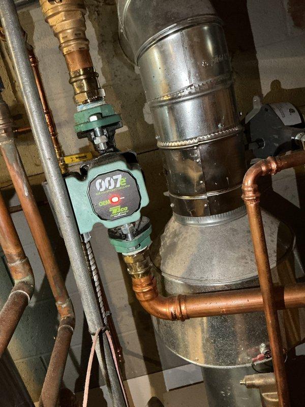 Performed scheduled steam boiler maintenance service. Inspected circulation pump (Taco 007e) and verified proper operation with no leaks. Checked all copper piping connections, vent pipe integrity, and supply lines throughout the system. System is functioning normally with no issues detected.