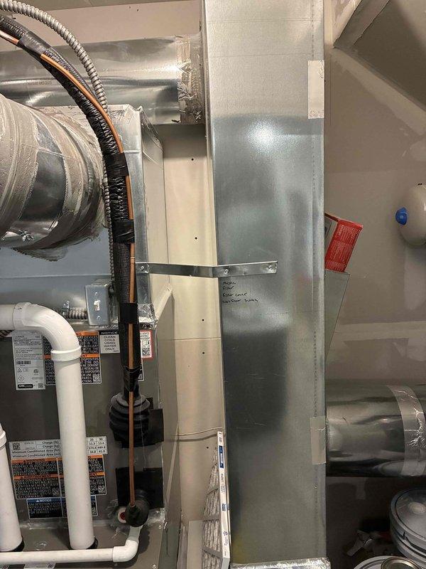 Conducted site assessment for Aprilaire humidifier installation on newly built HVAC system. Inspected existing ductwork configuration including metal supply plenum, flexible return ducts, and condensate drainage. Noted proper installation of Rheem water heater which would serve as water source for potential humidifier. Prepared quote for customer as requested.