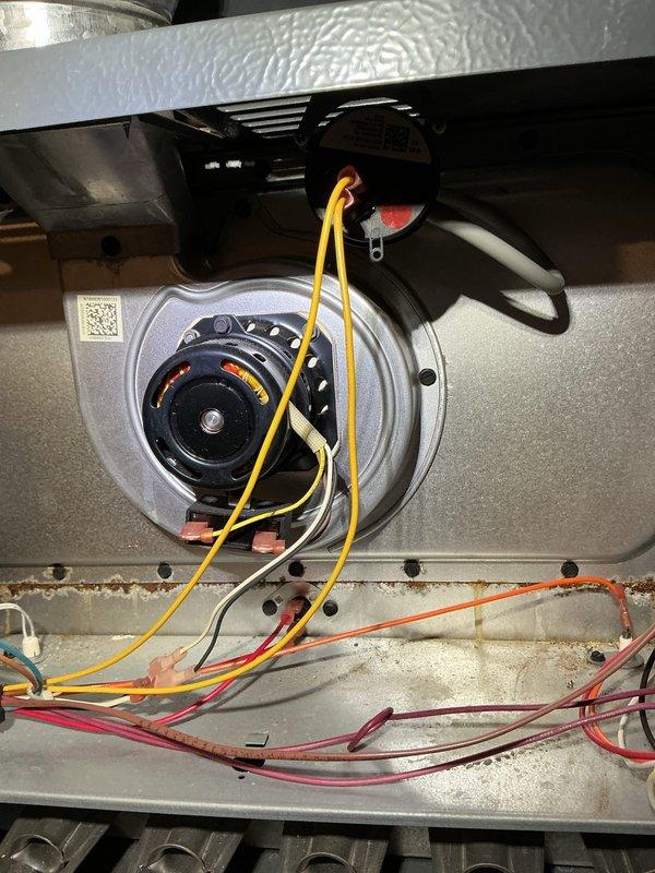 Performed annual maintenance on residential gas furnace located in basement utility area. Inspected blower motor assembly and electrical connections for proper operation, finding all components in working condition with no signs of significant wear. Cleaned light dust accumulation from internal compartments to ensure optimal system performance.