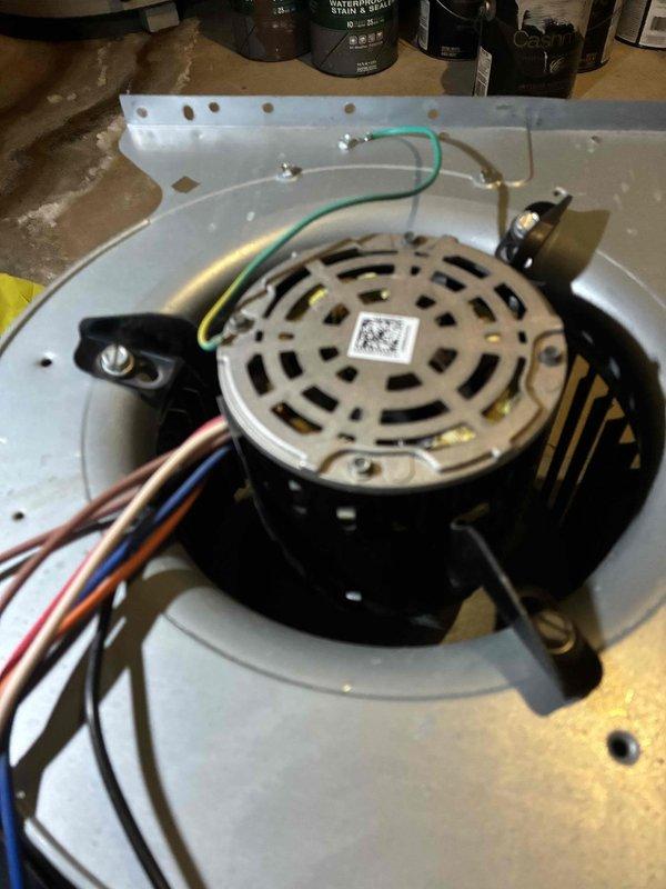 Returned to residence to complete blower wheel cleaning as scheduled in previous service visit. Disassembled blower assembly to access wheel components, thoroughly cleaned accumulated debris from blower wheel and surrounding housing. Inspected motor connections and verified proper operation after reassembly.