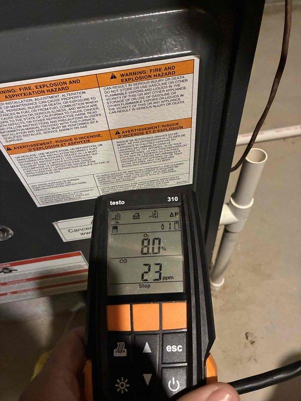 Performed monthly heating maintenance service on the system. Conducted combustion analysis using Testo 310 analyzer with readings of 0.0% O₂ and 73ppm CO. Removed and cleaned water flow component to ensure proper system operation.
