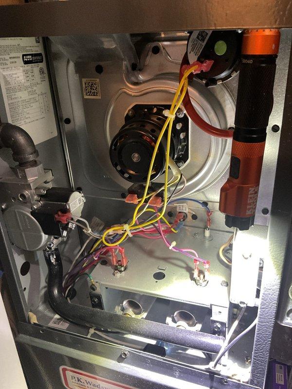 Performed routine heating maintenance on residential furnace system. Inspected blower assembly, electrical connections, and exhaust components. All systems functioning properly with no issues identified.