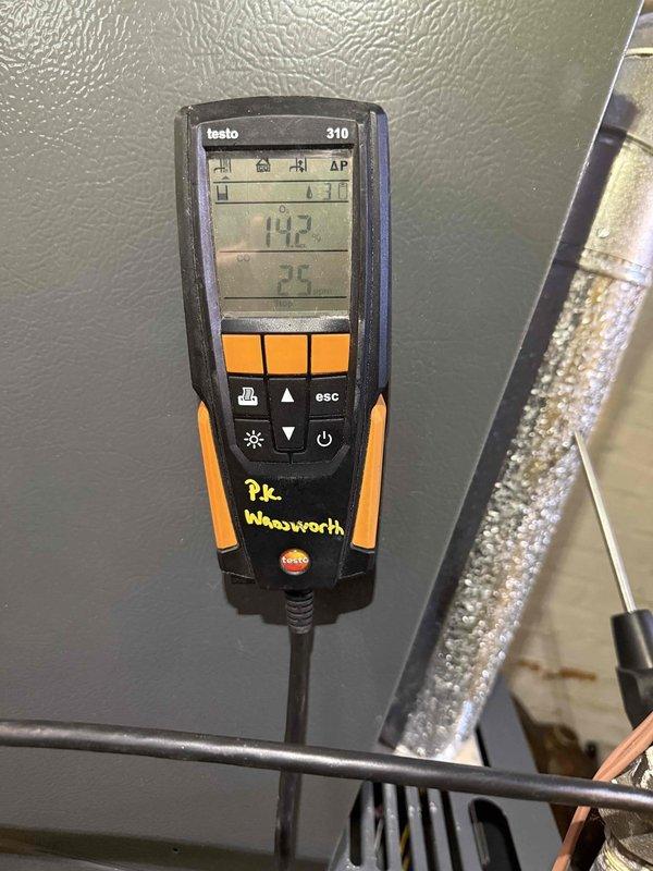 Performed routine furnace maintenance service. Conducted combustion analysis with Testo 310 analyzer, confirming proper operation with readings of 14.2% O2 and 25 ppm CO. All system parameters within manufacturer specifications.