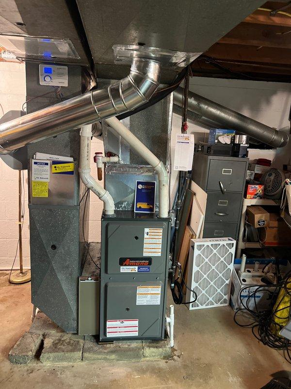 Successfully installed a new AM9G96 96% efficient furnace with integrated humidifier. Unit was properly connected to existing ductwork with all required PVC venting and electrical connections completed. System was tested and is operating within manufacturer specifications.