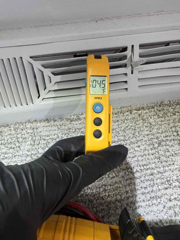 Performed scheduled monthly heating maintenance on two systems. Conducted temperature testing at supply registers with readings of 45°F. Measured static pressure of 0.55" WC using UEi EM201 meter. Both systems operating within normal parameters.