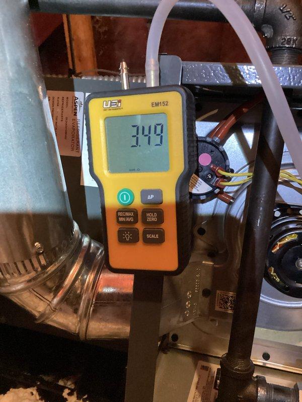 Completed scheduled monthly heating maintenance on three HVAC systems. Inspected ventilation components and fins for proper operation, noting minor dust accumulation but overall functional condition. Conducted airflow measurements with UEi EM152 meter, recording readings of 349, confirming systems are operating within expected parameters.