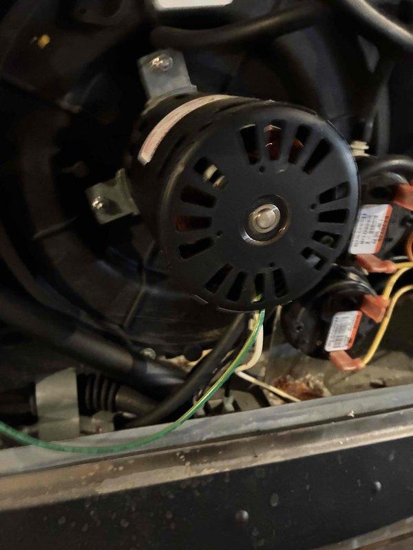 Performed standard heating tune-up for new homeowners using promotional inspection coupon. Inspected blower motor assembly and found significant dust accumulation on both motor components and air filter. Cleaned motor assembly and replaced heavily soiled air filter to restore proper airflow and system efficiency.