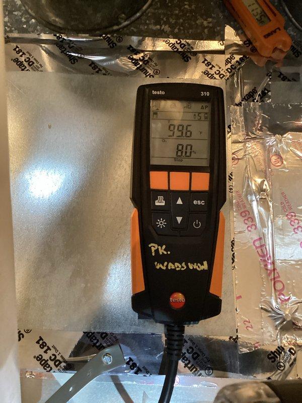 Performed comprehensive heating tune-up service including combustion efficiency testing with Testo 310 analyzer (99.6% efficiency recorded) and static pressure measurement using UEi EM152 device (3.97" WC). System operating within manufacturer specifications with all connections verified and electrical components inspected.