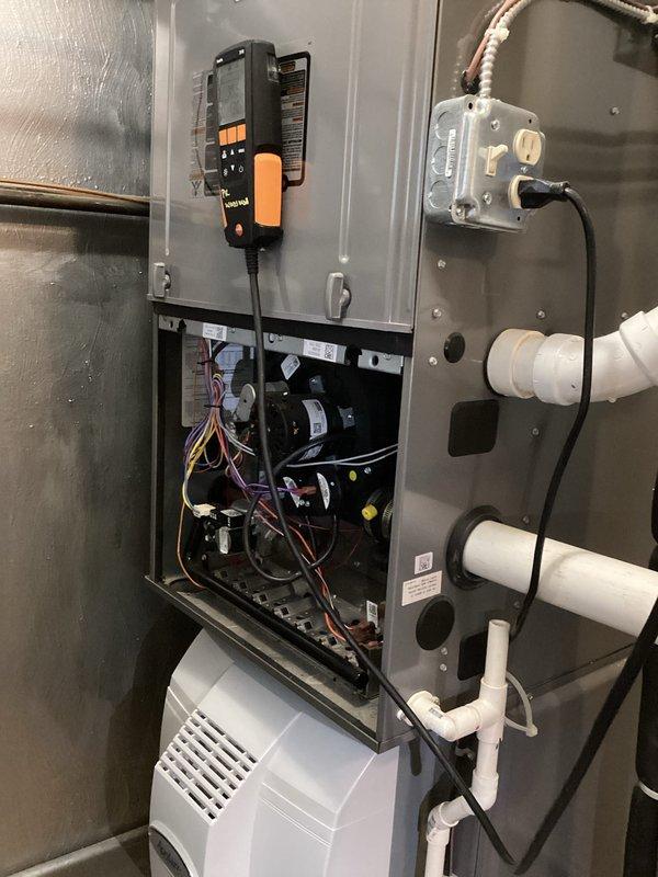 Performed scheduled heating maintenance on unit. Conducted electrical diagnostic testing using PRO:DL379 multimeter, obtaining readings of 0.041 and 0.056. Inspected internal components, wiring connections, and condensate drainage system; all systems functioning properly.