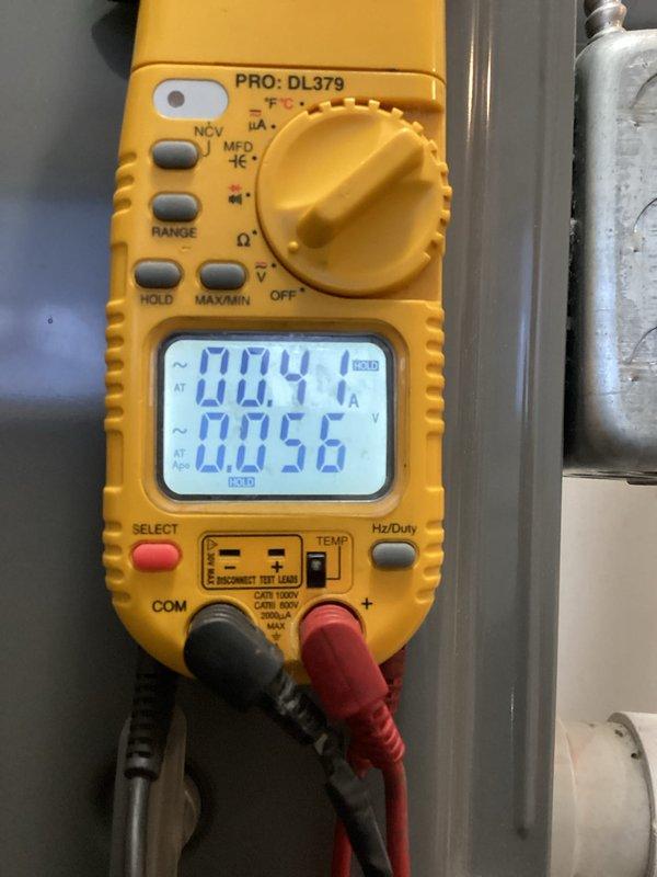 Performed scheduled heating maintenance on unit. Conducted electrical diagnostic testing using PRO:DL379 multimeter, obtaining readings of 0.041 and 0.056. Inspected internal components, wiring connections, and condensate drainage system; all systems functioning properly.