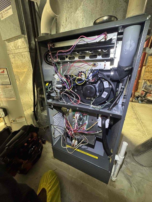 Performed routine maintenance on furnace system. Inspected and tested ECM motor assembly, electrical connections, and blower components. All components functioning within normal parameters with no issues detected.