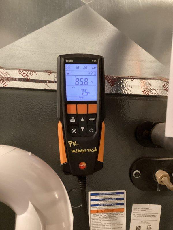Performed routine heating maintenance on dual system installation. Conducted combustion analysis using Testo 310 with temperature differential readings of 85.8°F and 7.5°F. Verified electrical components with UEi multimeter showing amperage readings of 0.454 and 0.121, confirming systems are operating within manufacturer specifications.