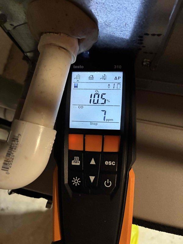Completed scheduled heating maintenance service on residential furnace system. Performed comprehensive safety inspection with Testo 310 analyzer, confirming proper combustion with CO readings at 7ppm and exhaust temperature at 10.5°C, both within acceptable parameters. All ventilation components and ductwork were examined and verified to be functioning correctly.