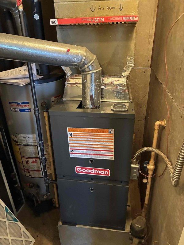 Completed installation of a Goodman 80% efficient furnace in utility room, including proper connection to existing ductwork with appropriate airflow direction. Installed and tested all necessary copper and PVC piping connections, ensuring proper integration with the home's existing American water heater system.