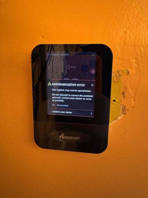 Responded to no heat call for Amana system. Diagnosed communication error (code 22) between furnace and thermostat as displayed on thermostat screen. Restored communication, verified proper system operation and tested heating function to ensure normal operation before departing.