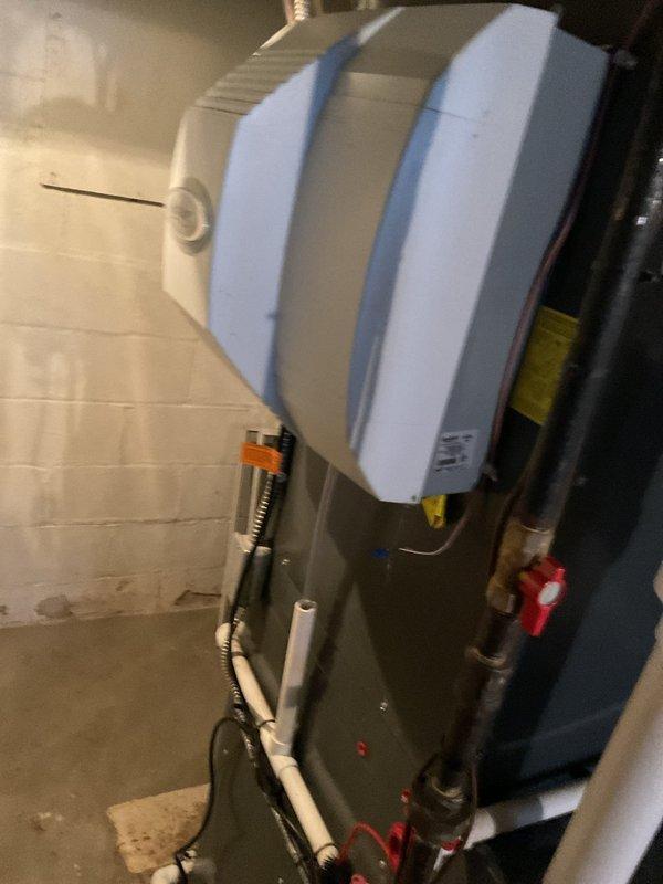 Performed routine maintenance on heating system prior to customer's extended absence. Inspected and cleaned basement-mounted humidifier system with associated PVC and copper piping. Examined furnace interior components including blower motor assembly, circuit board connections, and condensate drainage system - all components found in proper working order with no issues requiring repair.