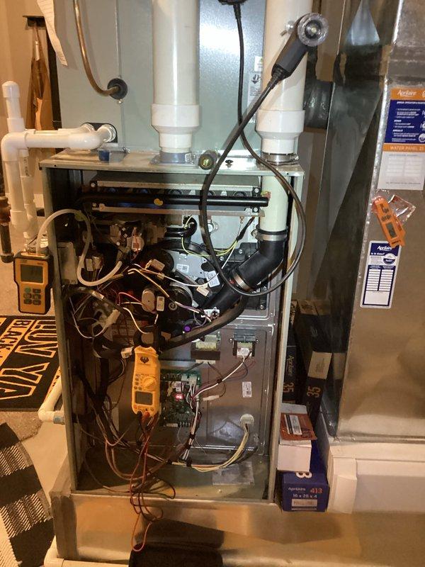 Performed scheduled monthly heating maintenance service on residential furnace system. Conducted comprehensive diagnostic testing using Testo 310 analyzer to verify combustion efficiency (98%) and proper system pressure (996). Inspected internal components including circuit boards, wiring, and ventilation pipes, confirming system is operating within manufacturer specifications.