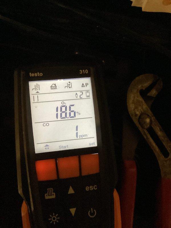 Performed routine maintenance on two boilers. Conducted combustion analysis using Testo 310 analyzer, confirming proper oxygen levels between 17.7-18.6% and minimal carbon monoxide (1ppm), indicating efficient and safe operation of both units.
