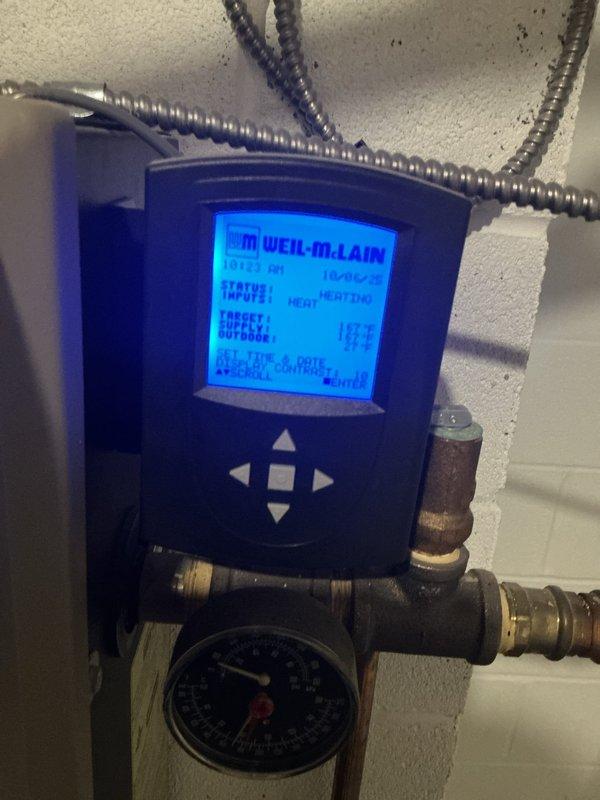 Completed scheduled heating maintenance on multiple HVAC systems. Inspected and verified proper operation of Aprilaire humidifier control system. Checked Weil-McLain boiler system, confirming proper heating function with operating temperature of 127°F and normal pressure readings.