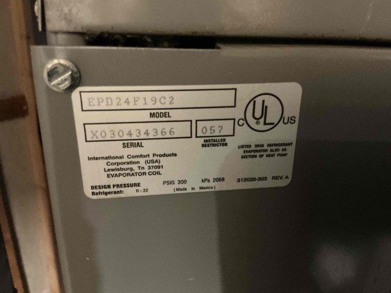 Conducted inspection of home HVAC system revealing a cracked heat exchanger in the 125 BTU furnace. Documented existing ICP evaporator coil (model EPD24F19C2) and assessed ductwork condition. Presented two replacement furnace options to new homeowner.