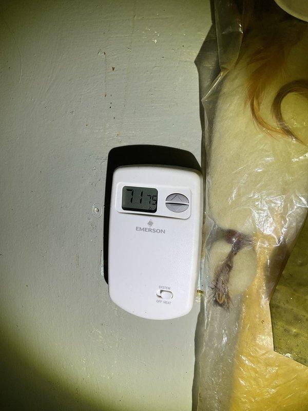 Responded to no heat service call for elderly customer. Upon inspection, found thermostat functioning properly, displaying correct temperature reading of 71.5-72°F. Verified system operation and confirmed intermittent heating issue was resolved during visit. Communicated findings with customer's son per request.